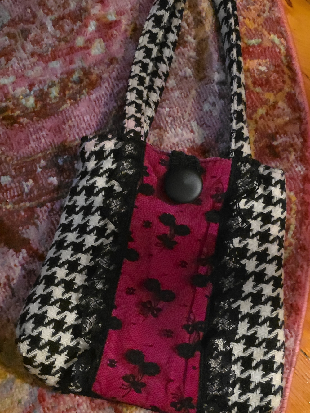 Funky Unique Cool Black & Pink Houndstooth Tote Bag with Lace Trim